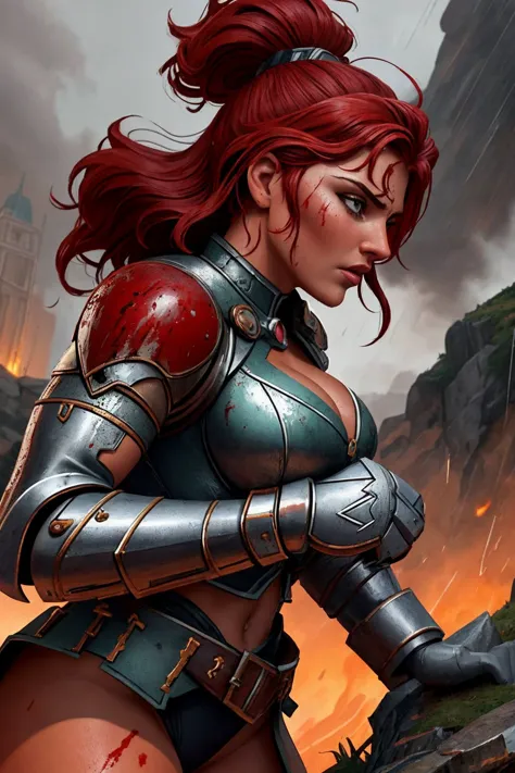 a woman in armor holding a sword in front of a mountain