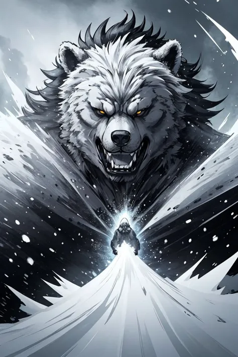 a drawing of a wolf with a sword in the snow