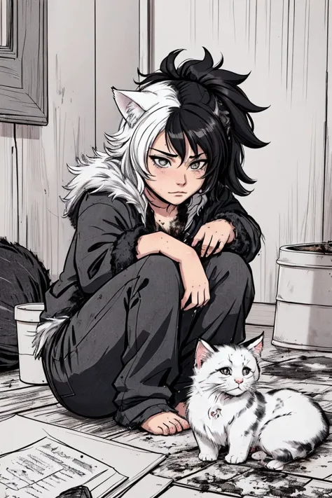 a close up of a person sitting on a floor with a cat