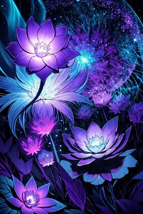 bioluminescent purple flower,fabulous night forest,magical radiance,Concept art,depth of field,Raw photo,realistic,cinematic lighting,soft shadows,sharp focus,fractal,colorful,depth of field,best quality,16k resolution,vivid colors,volumetric lighting,, sketch artstyle, graycale, monochrome,