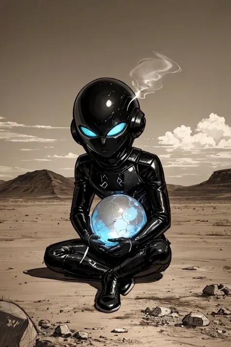 Sad alien smokes, sitting on a ground, An alien ship crashed into the ground, desert, (fire:0.2), (oil painting:0.1),, sketch artstyle, graycale, monochrome,