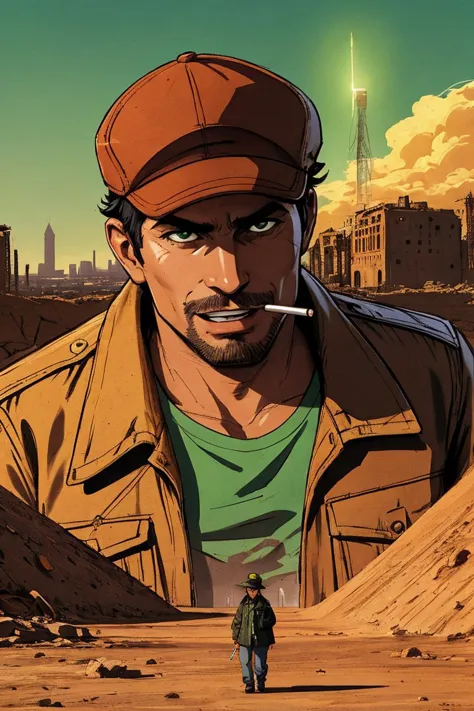 portrait a Smoker, wearing a cap, cigarette in his teeth, green, An alien ship crashed into the ground, desert, sketch artstyle, city ruin bacground