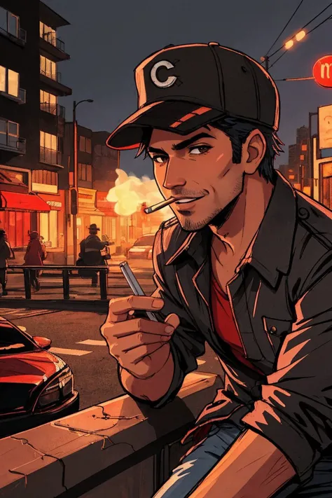 Smoker, in a cap, a cigarette in his teeth, smoke, red light, sketch artstyle, city ruin background