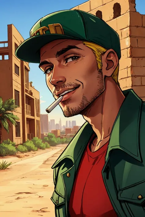 portrait a Smoker, wearing a cap, cigarette in his teeth, green, desert, sketch artstyle, city ruin background