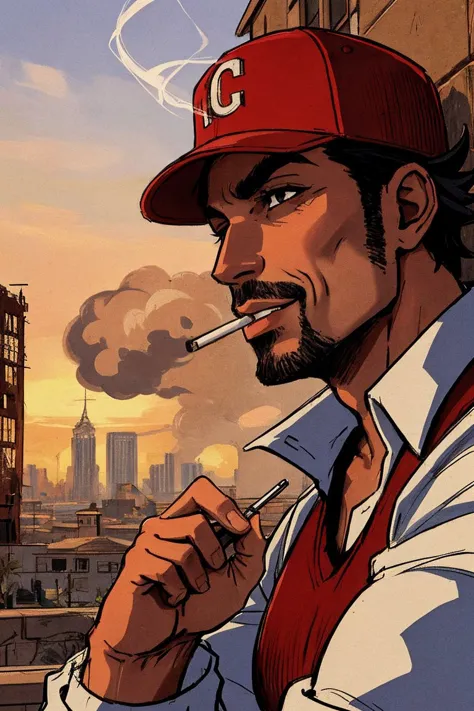 Smoker, in a cap, a cigarette in his teeth, smoke, red, sketch artstyle, city ruin background