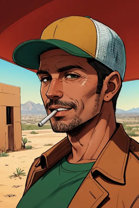 portrait a Smoker, wearing a cap, cigarette in his teeth, green, desert, sketch artstyle, city ruin background