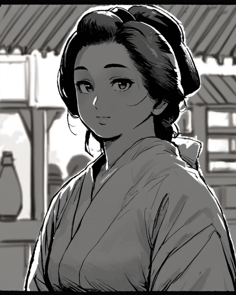 A drawing of a woman in a kimono outfit standing in front of a building -  SeaArt AI