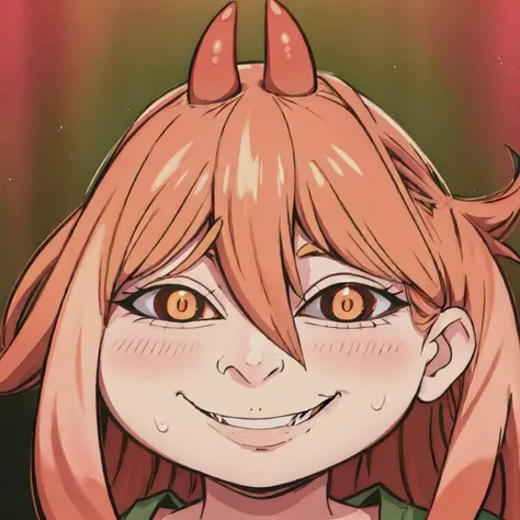 anime girl with horns and a green shirt smiling at the camera