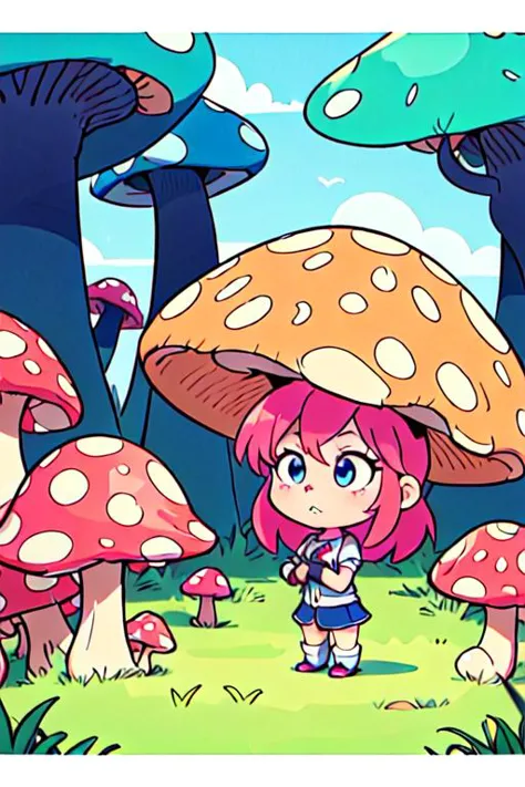 ((masterpiece, best quality)), (1girl),(((Ashley Mizuki Robbins))), 80's style anime, chibi:1.5, (((mushroom forest))), (anxious),