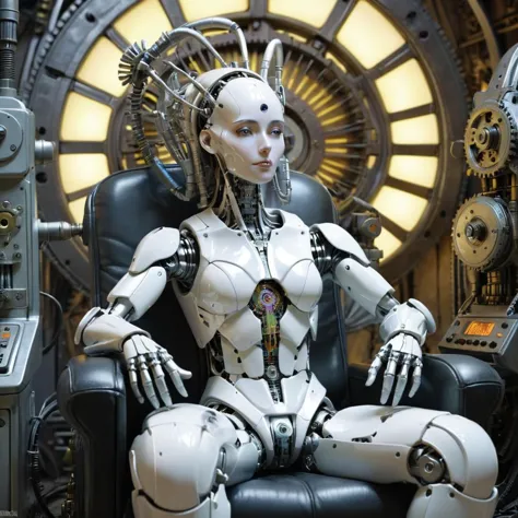 front facing portrait of futuristic robot sitting on clockwork throne, resting chin on one hand, with psychedelic machinery in background (by Jim Burns:2), (best quality, alien aesthetic) <lora:RMSDXL_Enhance:2> <lora:Schizowave-000004:0.5>