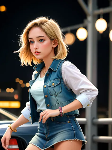 Realistic photo of a beautiful l33l33s woman, 1girl, solo, short hair, blue eyes, skirt, blonde hair, dress, jewelry, striped, vest, bracelet, denim, realistic, denim skirt, denim jacket, android 18, soft lighting, professional Photography, Photorealistic, detailed, RAW, analog, sharp focus, 8k, HD, DSLR, high quality, Fujifilm XT3, film grain, award winning, masterpiece<lora:l33l33s:1.0>