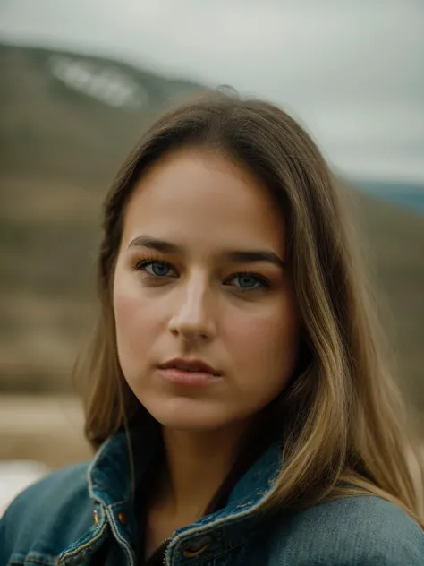 a close up of a woman with long hair wearing a denim jacket