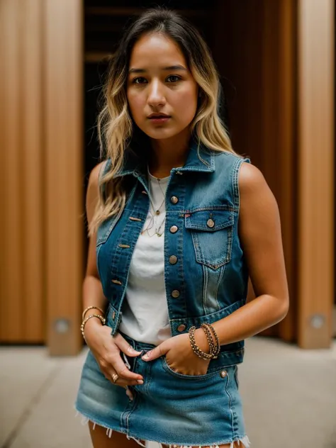 Realistic photo of a beautiful l33l33s woman,1girl, solo, short hair, blue eyes, skirt, ((((blonde hair))), dress, jewelry, striped, vest, bracelet, denim, realistic, denim skirt, denim jacket, soft lighting, professional Photography, Photorealistic, detailed, RAW, analog, sharp focus, 8k, HD, DSLR, high quality, Fujifilm XT3, film grain, award winning, masterpiece<lora:l33l33s:1.0>