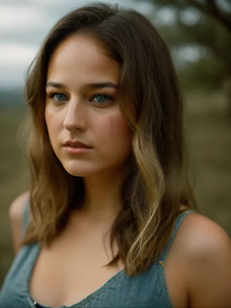 a close up of a woman with long hair and a blue dress