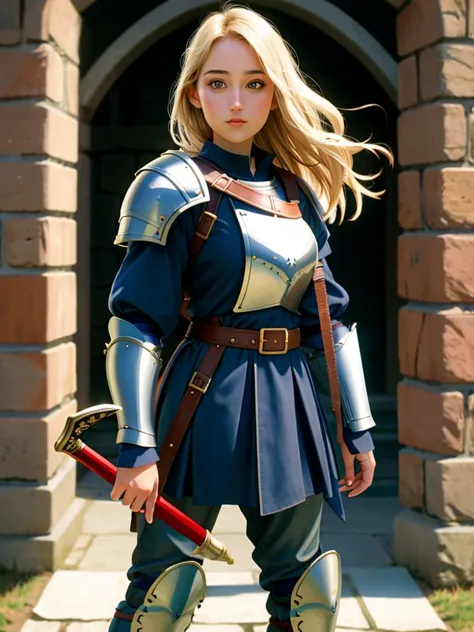 a woman in armor poses for a picture in front of a building