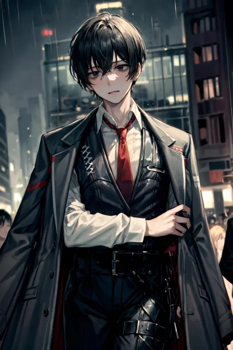 (masterpiece, best quality, detailed:1.1), <lora:limbusyisang_v1:0.8>, yisang_limbus, default_outfit, 1boy, solo, red necktie, white shirt, collared shirt, black pants, black vest, black jacket, jacket on shoulders, outdoors, city, night, raining, crowd, d...