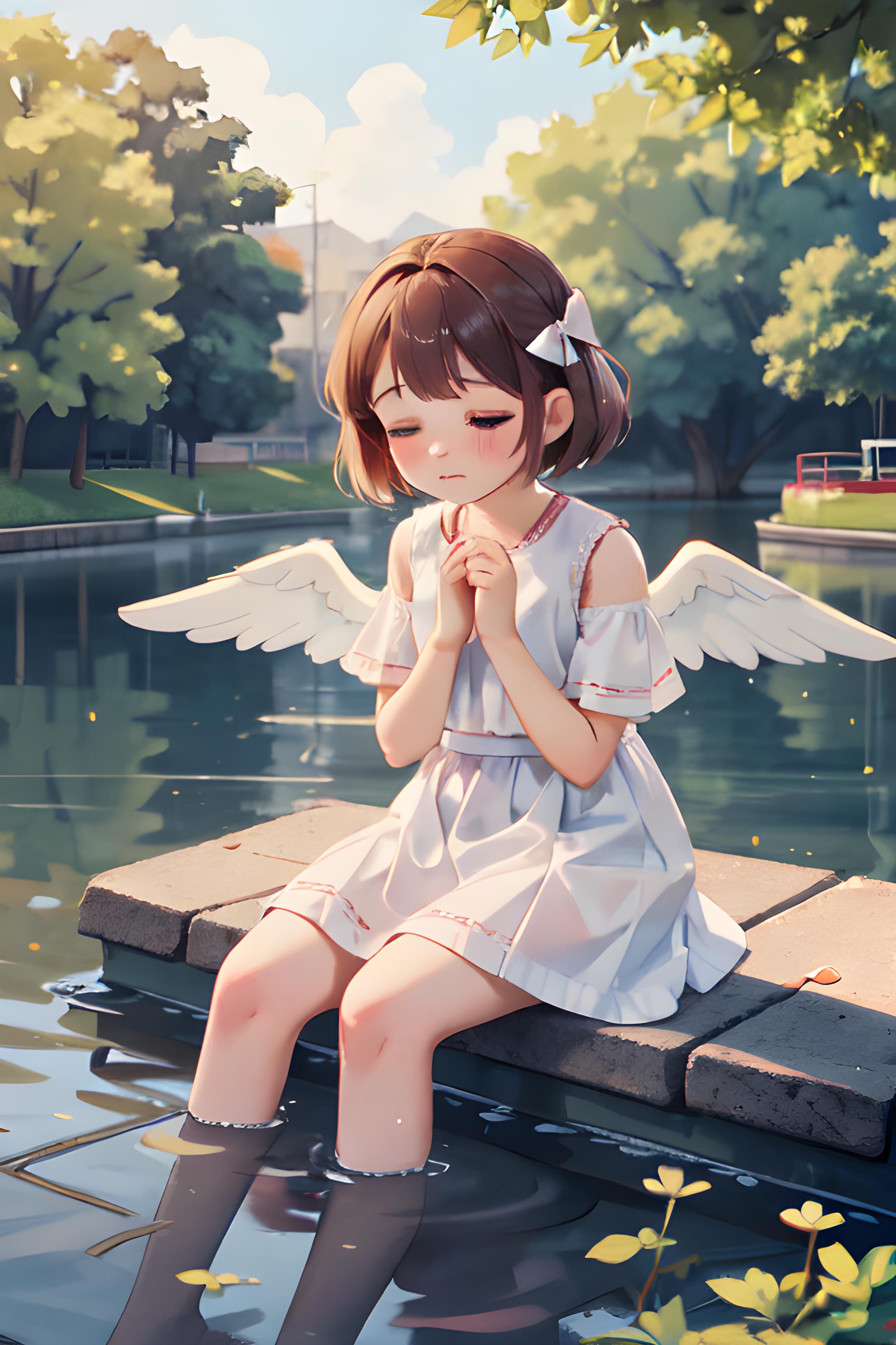 Anime girl sitting on a rock in the water with wings - SeaArt AI