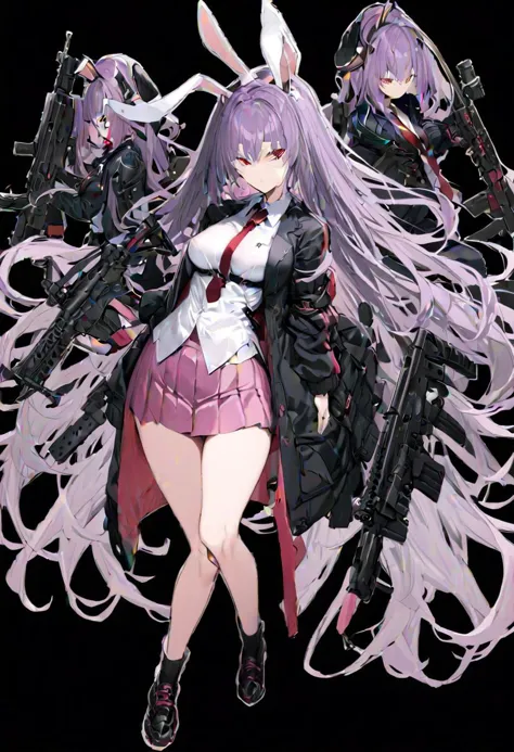 masterpiece, best quality, ultra-detailed, beautiful, nai3, 1girl, solo, full_body, tachi-e, 
reisen_udongein_inaba, 1girl, purple_hair, very_long_hair, rabbit_ears, red_eyes, black_jacket, open_jacket, necktie, white_shirt, pink_skirt, gun, weapon, holding_gun, rifle, assault_rifle, trigger_discipline, animal_ears,