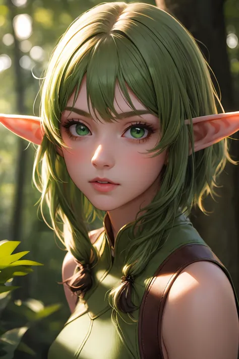 masterpiece, best quality, highres, absurdres, ultra detailed, realistic
1girl, elf, pointy ears, short hair, green eyes, green ...