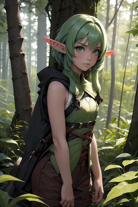 high quality, masterpiece, best quality, 1girl, elf, pointy ears, short hair, green eyes, green hair, forest, outdoors, <lora:hi...