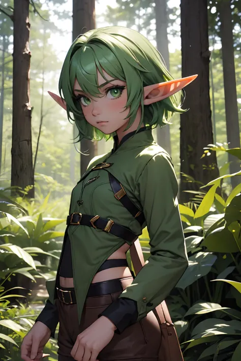 high quality, masterpiece, best quality, 1girl, elf, pointy ears, short hair, green eyes, green hair, forest, outdoors, <lora:hi...