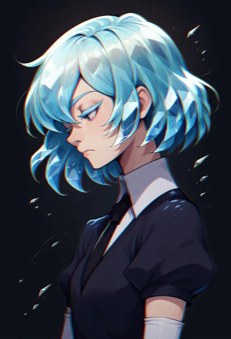 chromatic aberration ,hskdmnd, crystal hair, colored eyelashes, multicolored hair, short hair, black shirt, puffy short sleeves, collared shirt, black necktie, elbow gloves, white gloves, dark background, upper body, from side, head tilt, expressionless, 
score_9,score_8_up,score_7_up,source_anime, 
<lora:potat_chromatic_aberration_PDXL_v3:1> <lora:Hoseki_HousekiNoKuni_Diamond_PDXL_v1:0.8>