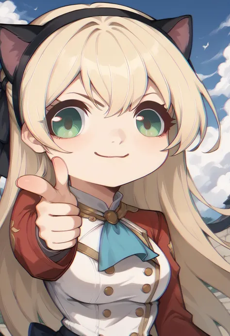 score_9,score_8_up,score_7_up,detailed, chromatic aberration, <'EM_1'> , portrait, zeroElie, black hairband, hair ribbon, long hair, ascot, uniform, long red sleeves, white dress, smile, closed mouth, close-up,finger gun, pointing at viewer, green eyes, cat ears,
<lora:potat_chromatic_aberration_PDXL_v3:1.0>  <lora:elie-pdxl-nvwls-v1:0.8>  <lora:Fingergun_XLPD:1>  <lora:meme_mutsukiface_ponyXL:1.3>