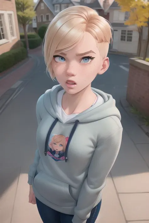 a cartoon girl in a hoodie standing on a street