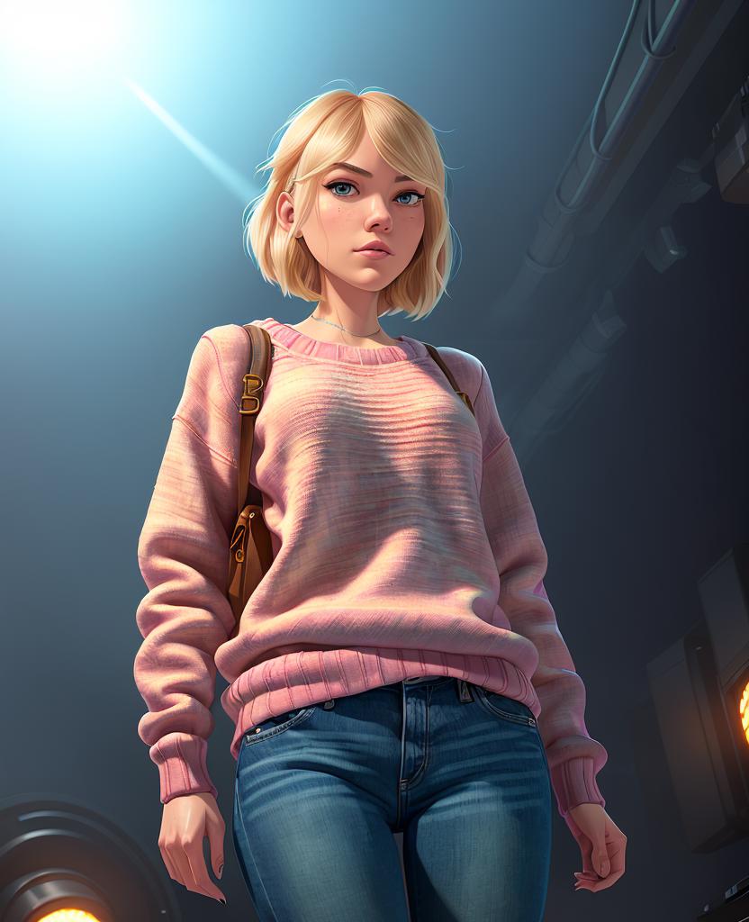 A woman in a pink sweater and jeans standing in front of a light - SeaArt AI