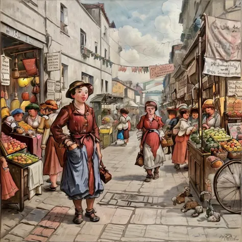 painting of a woman walking down a street with a basket of fruit