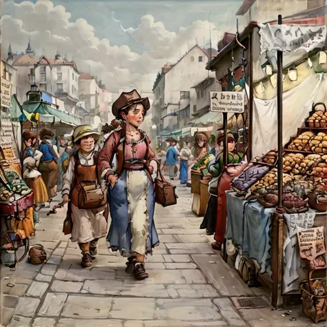 painting of a woman walking down a street past a market