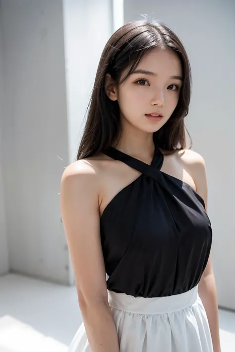 a woman in a black top and white skirt posing for a picture