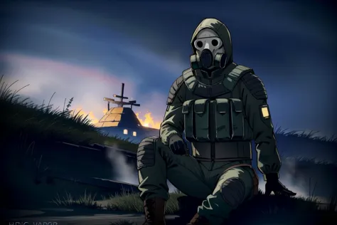 arafed soldier in gas mask sitting on a hill with a ship in the background