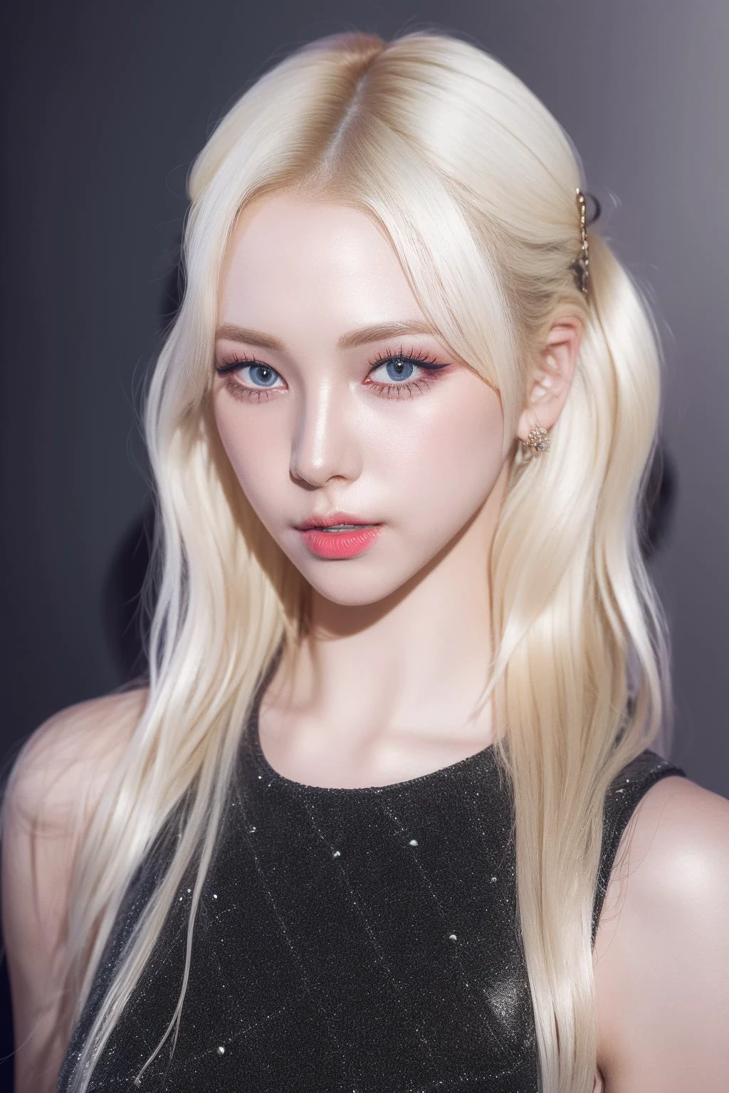 (8k, 4k, best quality, highres, ultra high res:1.1), (masterpiece, realistic, photo-realistic:1.1), 1girl,  face, close-up, twintails, blonde hair, black eyes, red lips,  (looking at viewer:2), absurdly long hair, long eyelashes, eyeshadow,  small face, big eyes,
bare shoulders,
high contrast,