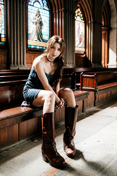 araffe sitting on a bench in a church with a stained glass window