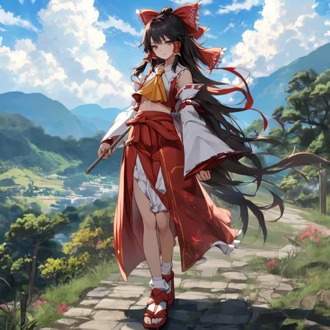 anime girl with long hair and red dress walking on a path