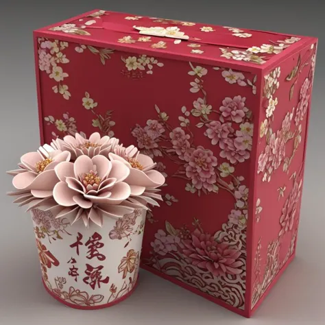 3d packaging design with flower pattern, Chinese character, English, text