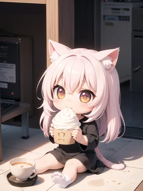cat girl, chibi, eating break first, cup