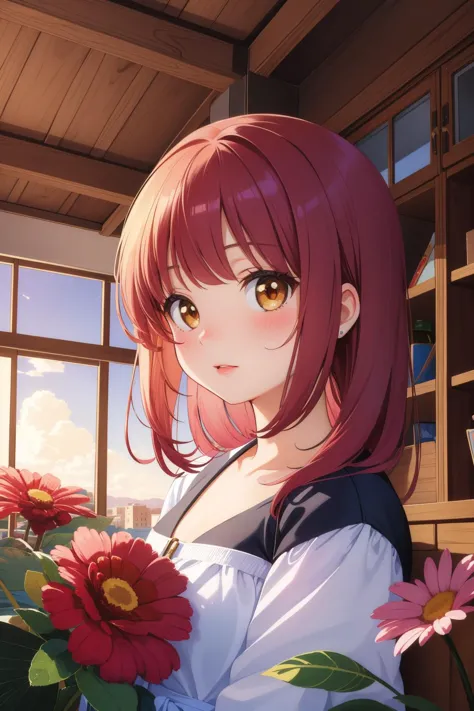 a woman with long red hair holding a bunch of flowers