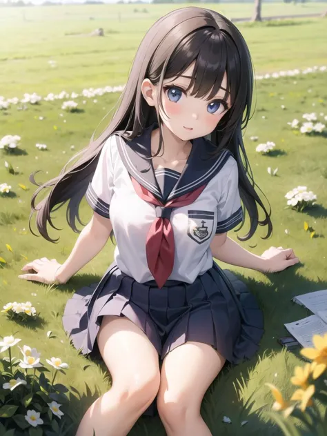 a girl, school uniform, in grass field