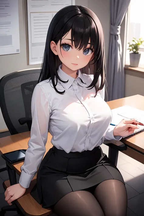 (masterpiece, best quality), a young black haired girl office secretary dressed in a transparent white blouse and black office skirt and black pantyhose ,sitting in an office chair, holding pencil, (detailed skin:1.3),(detailed eyes), (sharp focus),