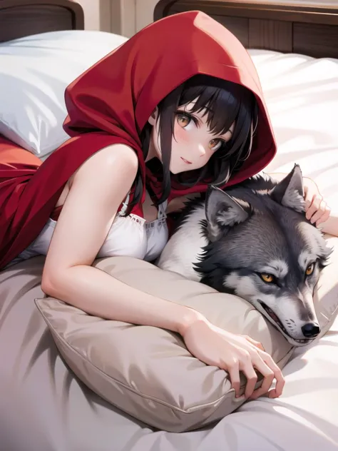 bedroom , 1 girl, (view from side:1.2), upper body, little red riding hood, happy,  (a wolf lying on bed)
<lora:021arteA5-5:1><l...