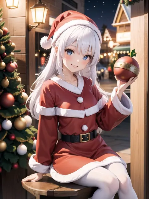 christmas, a girl, white hair, santa costume, smile, pantyhose, holding present bomb