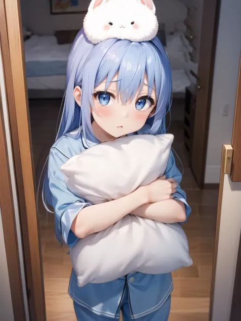 in night room, scared to sleep alone, a girl, upper body, view from above, chino, blue pajamas, white ball rabbit on head, huggi...