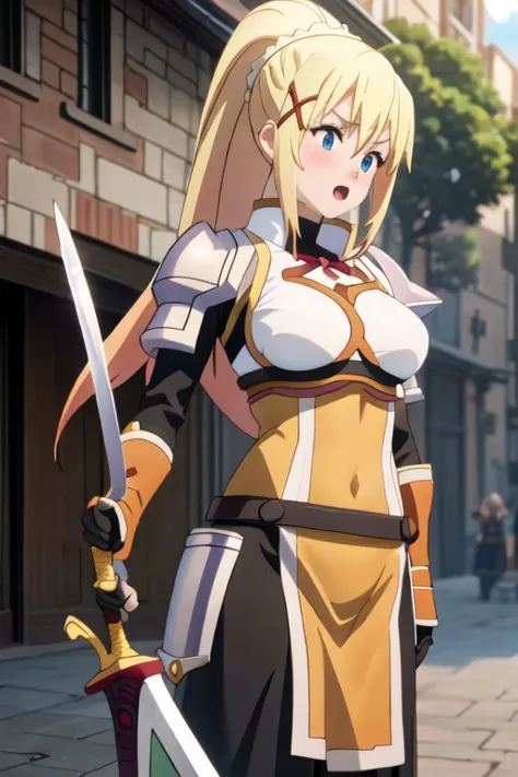 close up, (torn clothes)) outdoors, front view, top view,{lalatina_dustiness_ford_konosuba}, blonde_hair, long_hair, hair_ornament, x_hair_ornament, ponytail, blue_eyes, parody, open_mouth, 1girl, large breasts, tight clothes, armor, holding, holding_sword, holding_weapon, sword, weapon, gloves, cowboy shot, intricate iris, Beautiful Finger, Beautiful body, Beautiful character design, perfect eyes, perfect face, expressive eyes, perfect balance, official art, extremely detailed CG unity 8k wallpaper, perfect lighting, Colorful, Bright_Front_face_Lighting, (masterpiece:1.0),(best_quality:1.0), ultra high res,4K,ultra-detailed, photography, 8K, HDR, highres, absurdres:1.2, Kodak portra 400, blurry background, bokeh, lens flare, (vibrant_color:1.2), professional photograph, (beautiful_face:1.2), 2d, anime,