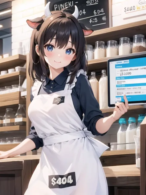 in milk shop, cow ears, a girl, upper body, large ($404:1.6) text logo on bottom of screen, apron, sell milk