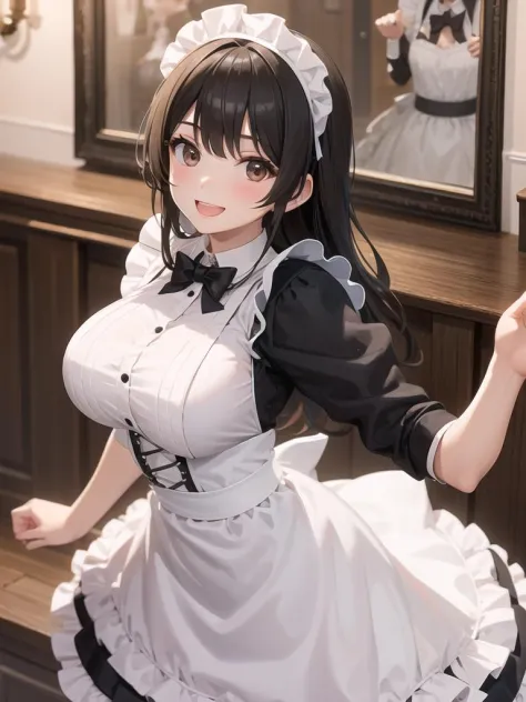 a girl, upper body, maid costume, maid band, smile
