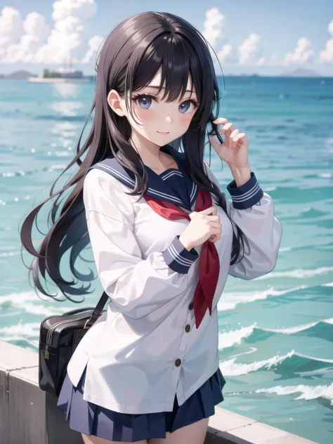 sea, sailor uniform, a girl, upper body