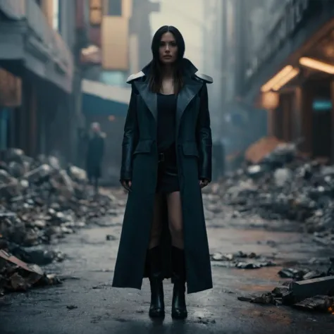 imagem cinematográfica de Na cidade Cyberpunk, uma mulher com um casaco longo e botas parada na frente de um monte de escombros, profundidade superficial de campo, vinheta, Altamente detalhado, alto orçamento, Bokeh, cinemascópio, temperamental, épico, maravilhoso, grão de filme, granulado