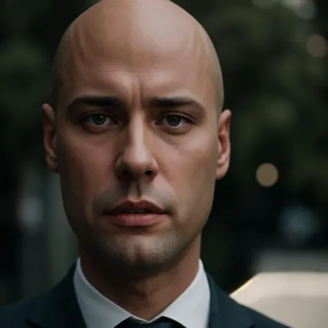 a close up of a man in a suit and tie looking at the camera